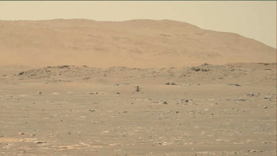 Hi-res footage of Mars helicopter take off, fly, and land